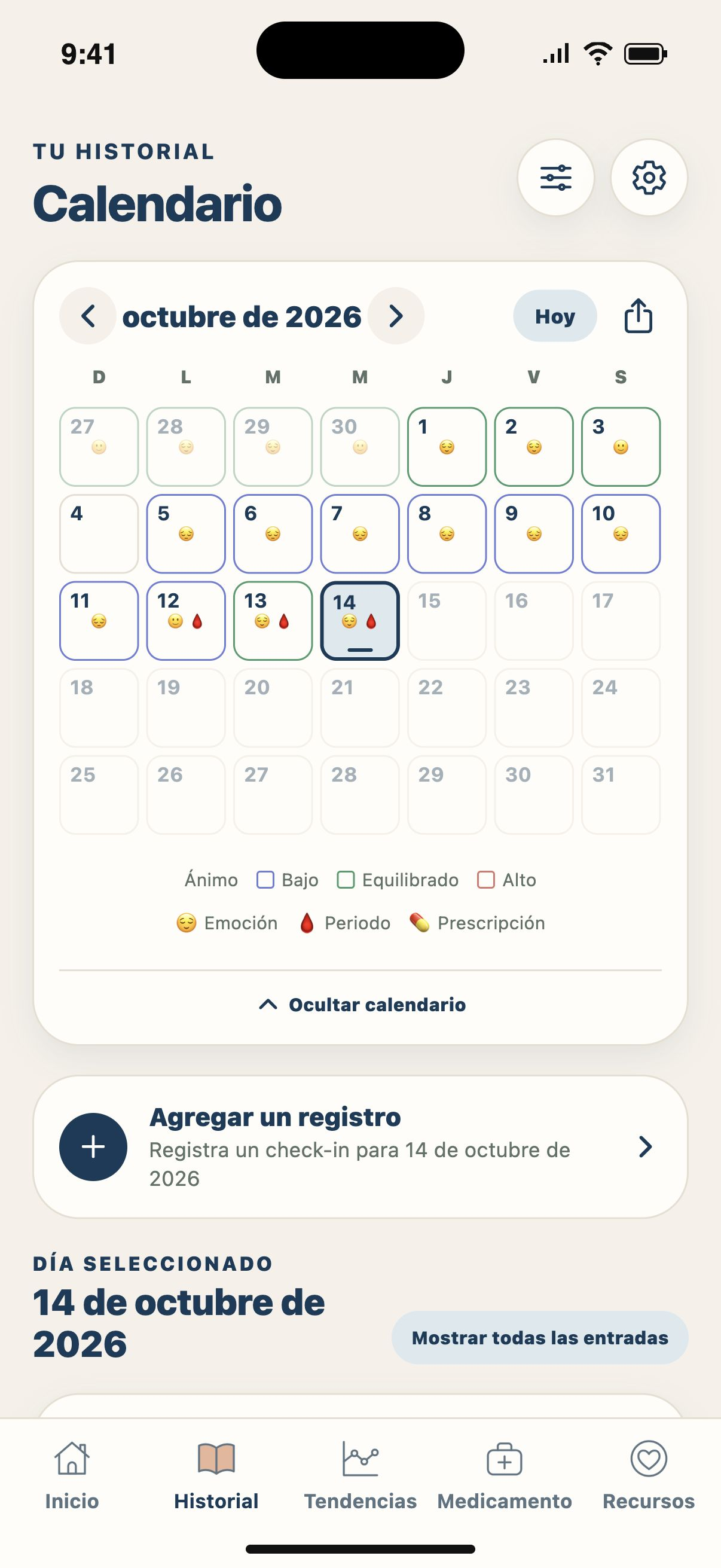 Tu calendario — Encuentra juntos tus días registrados, emociones, periodos y cambios de receta.