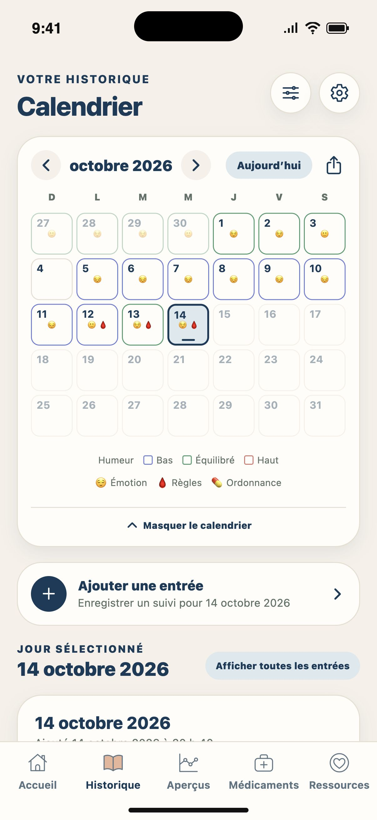 Votre calendrier — Retrouvez les journées consignées, les émotions, les règles et les changements d’ordonnance.