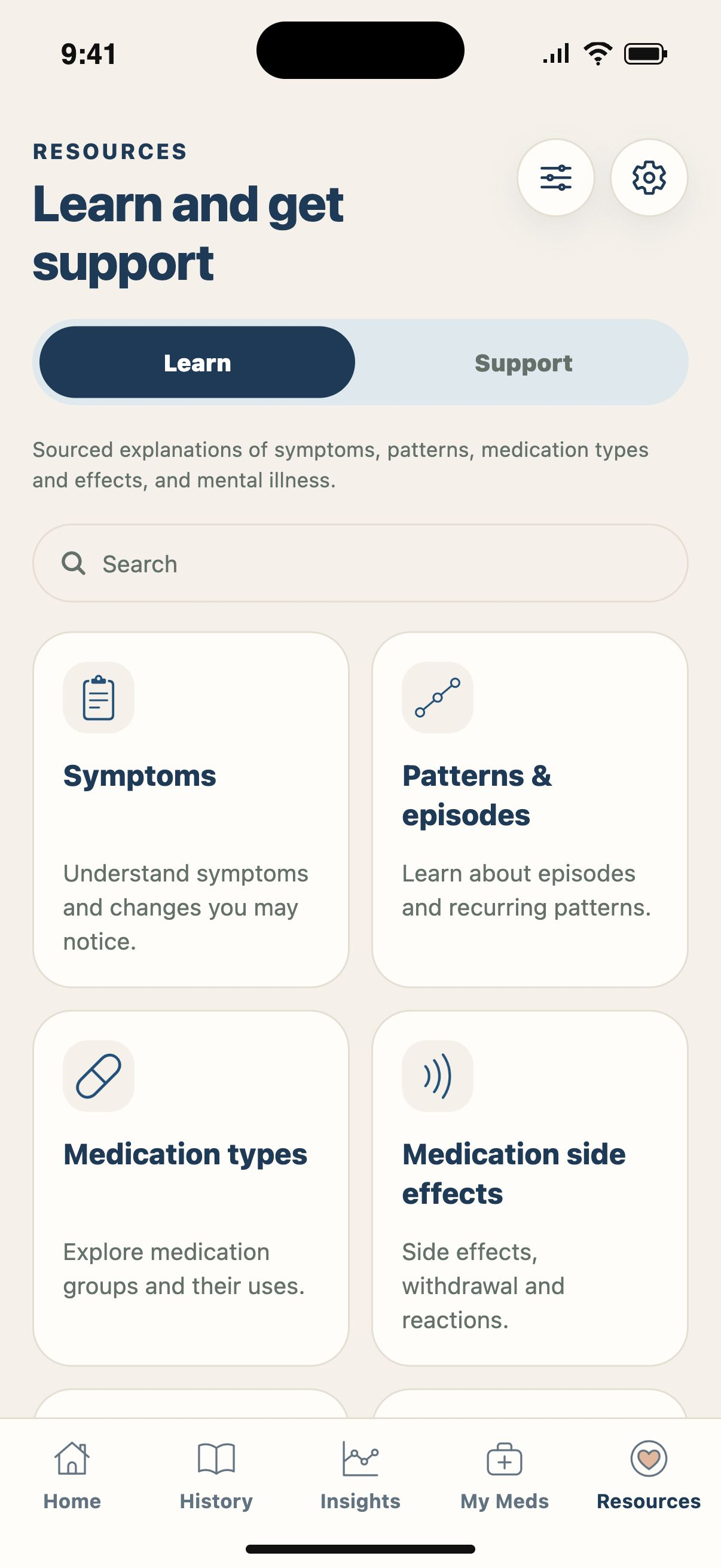 Browse Learn — Find information about symptoms, patterns, medications and mood disorders.