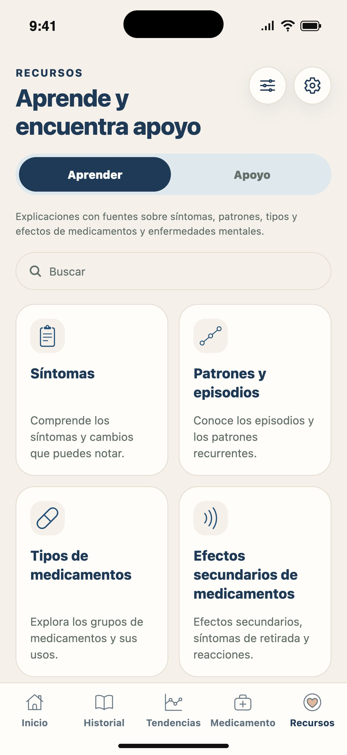 Explora Aprender — Encuentra información sobre síntomas, patrones, medicamentos y trastornos del ánimo.