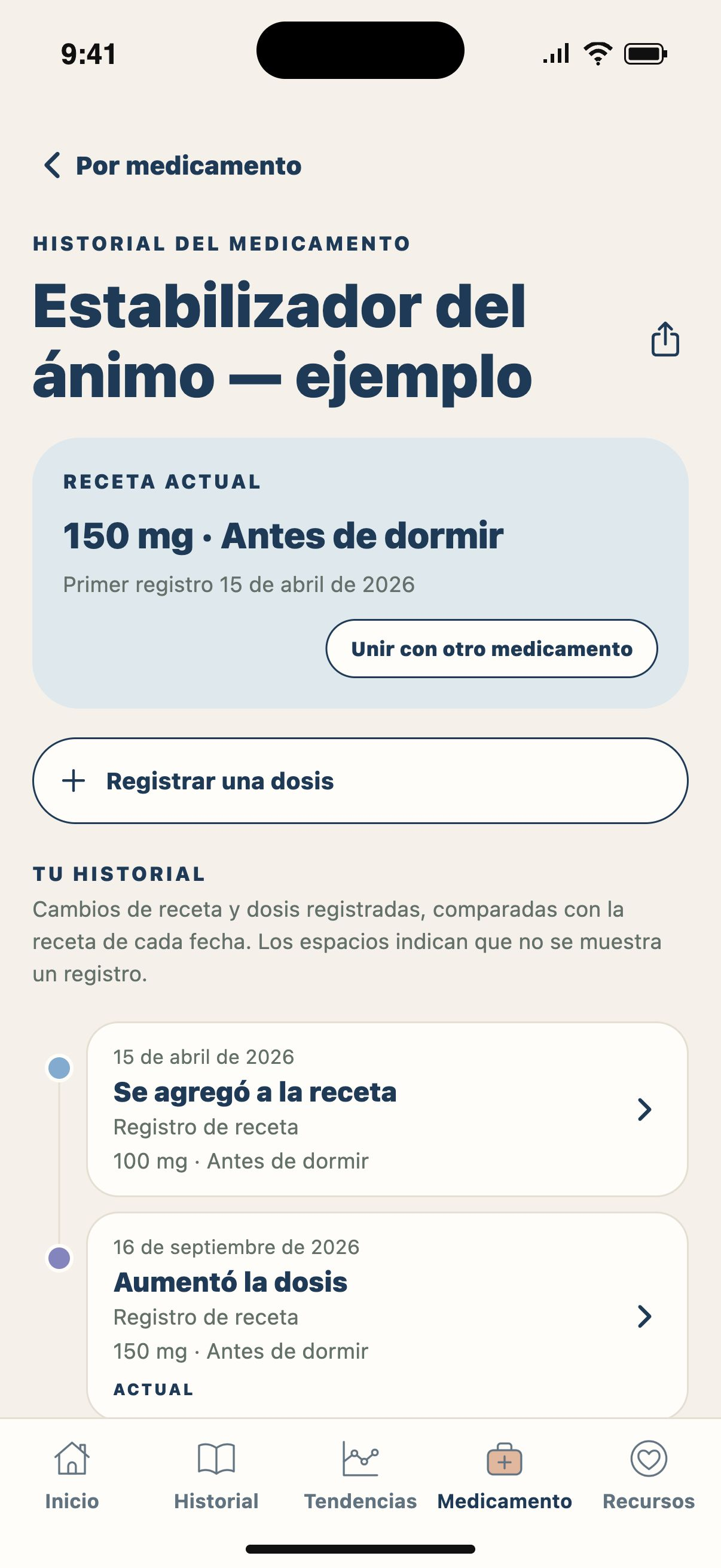 Historial de un medicamento — Sigue las dosis registradas y las fechas de receta de un medicamento.