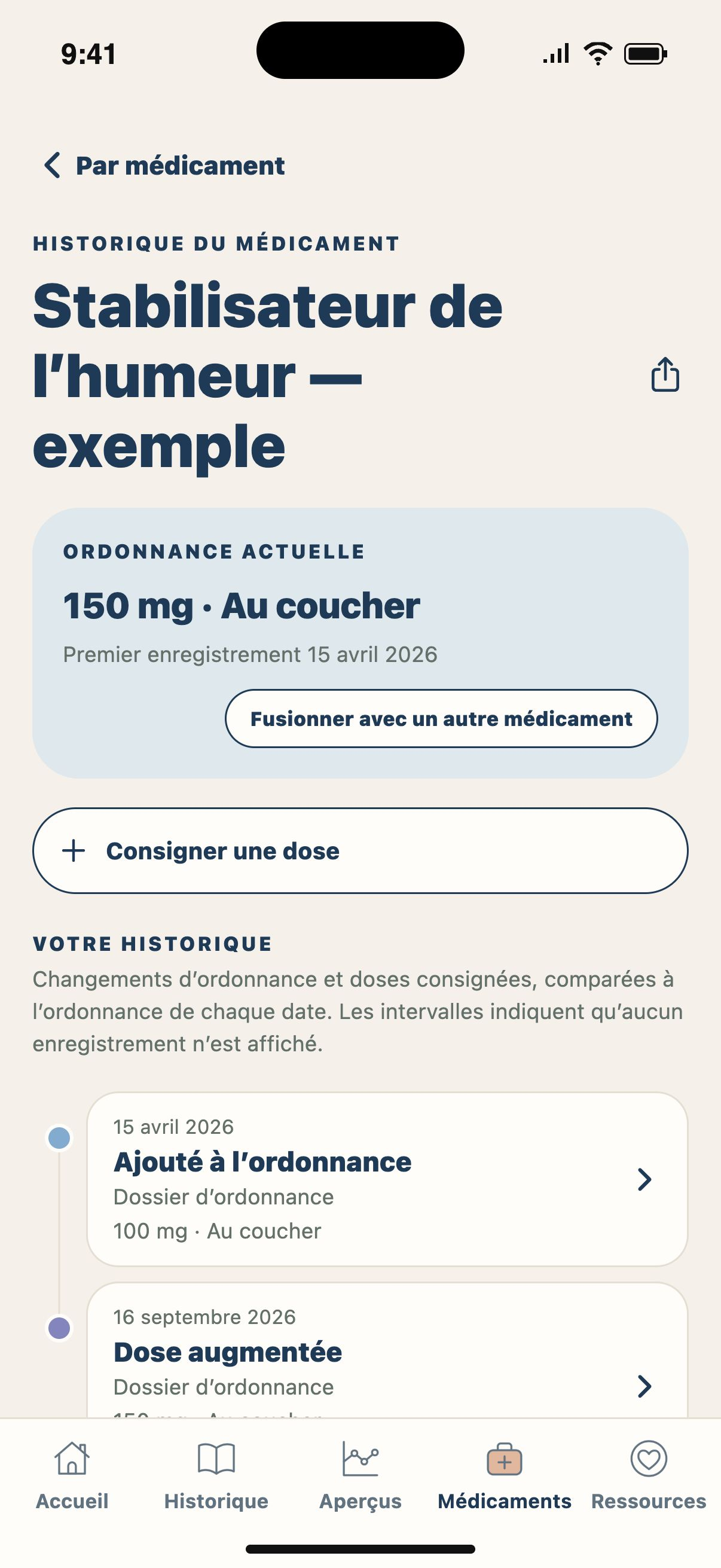 Historique d’un médicament — Suivez les doses consignées et les dates d’ordonnance d’un médicament.