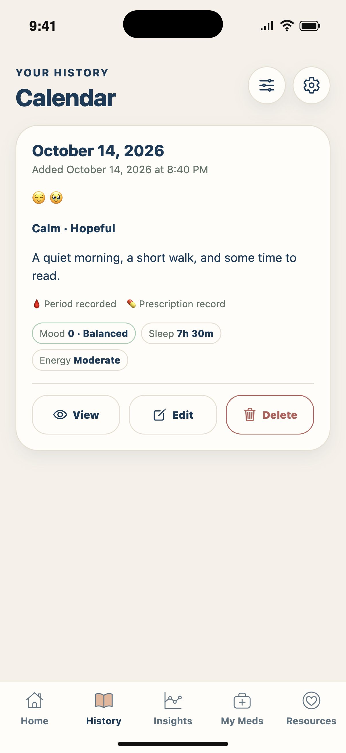 A day in detail — Open a day to revisit the answers and notes you saved.