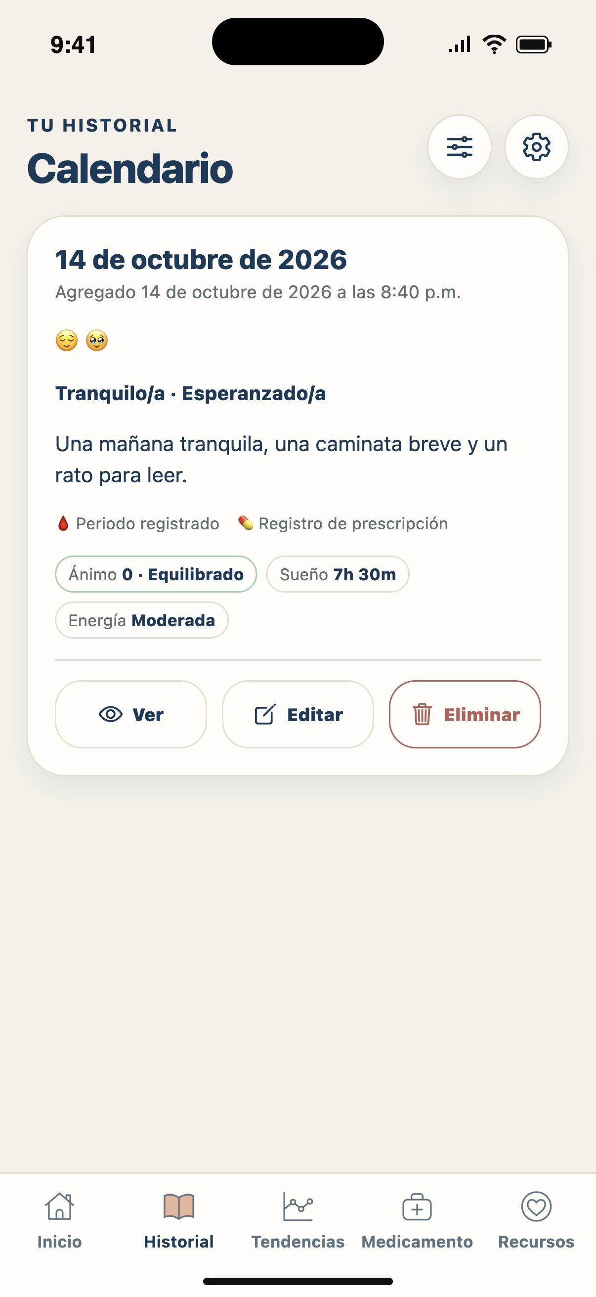 Un día en detalle — Abre un día para revisar las respuestas y notas que guardaste.