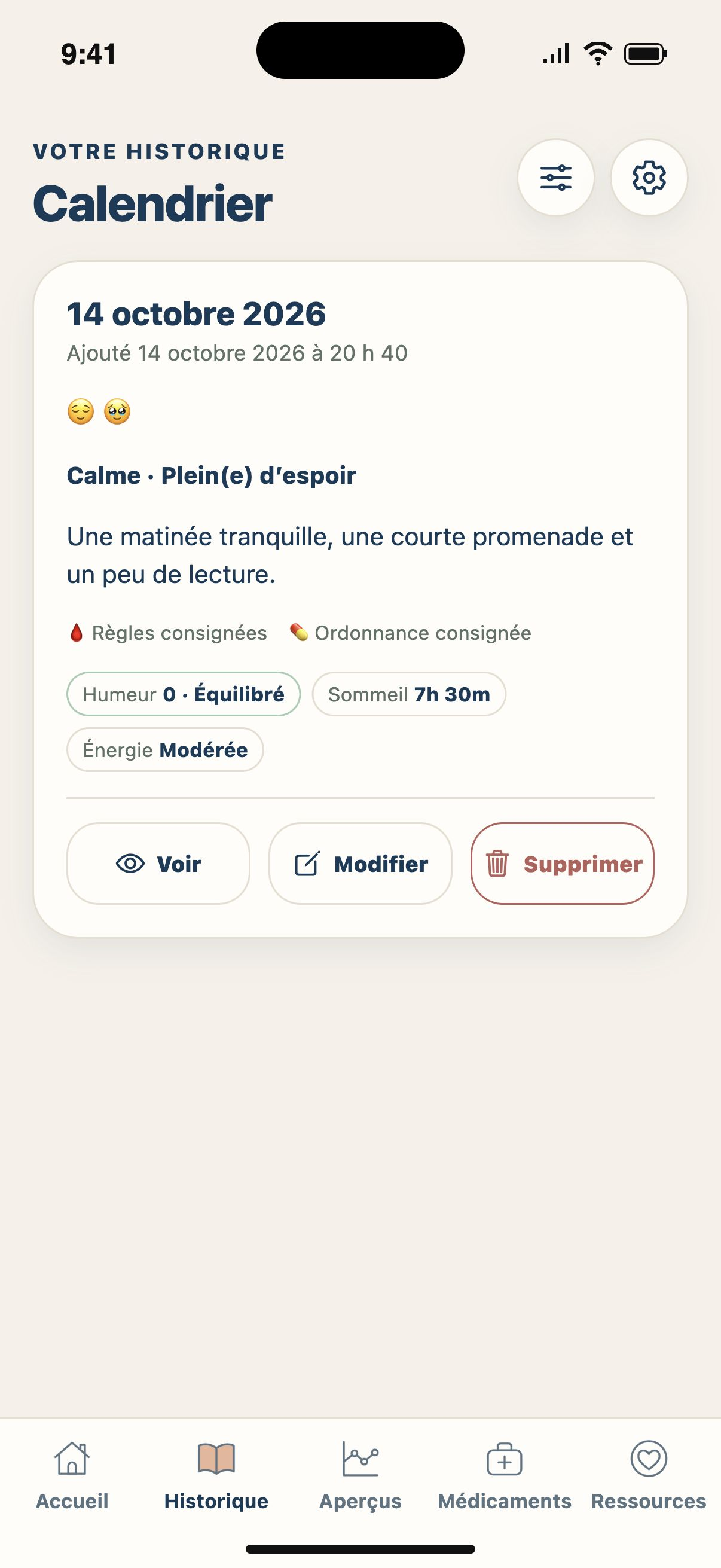 Une journée en détail — Ouvrez une journée pour relire vos réponses et vos notes.