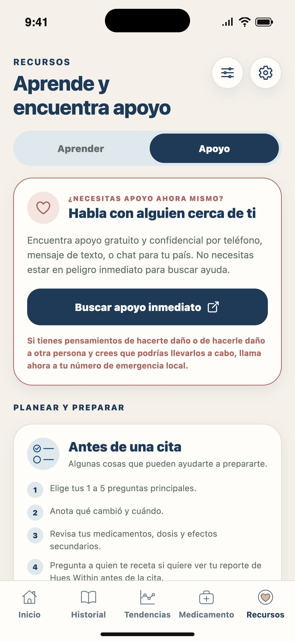 Encuentra apoyo — Explora opciones de apoyo y herramientas para prepararte para recibir atención.