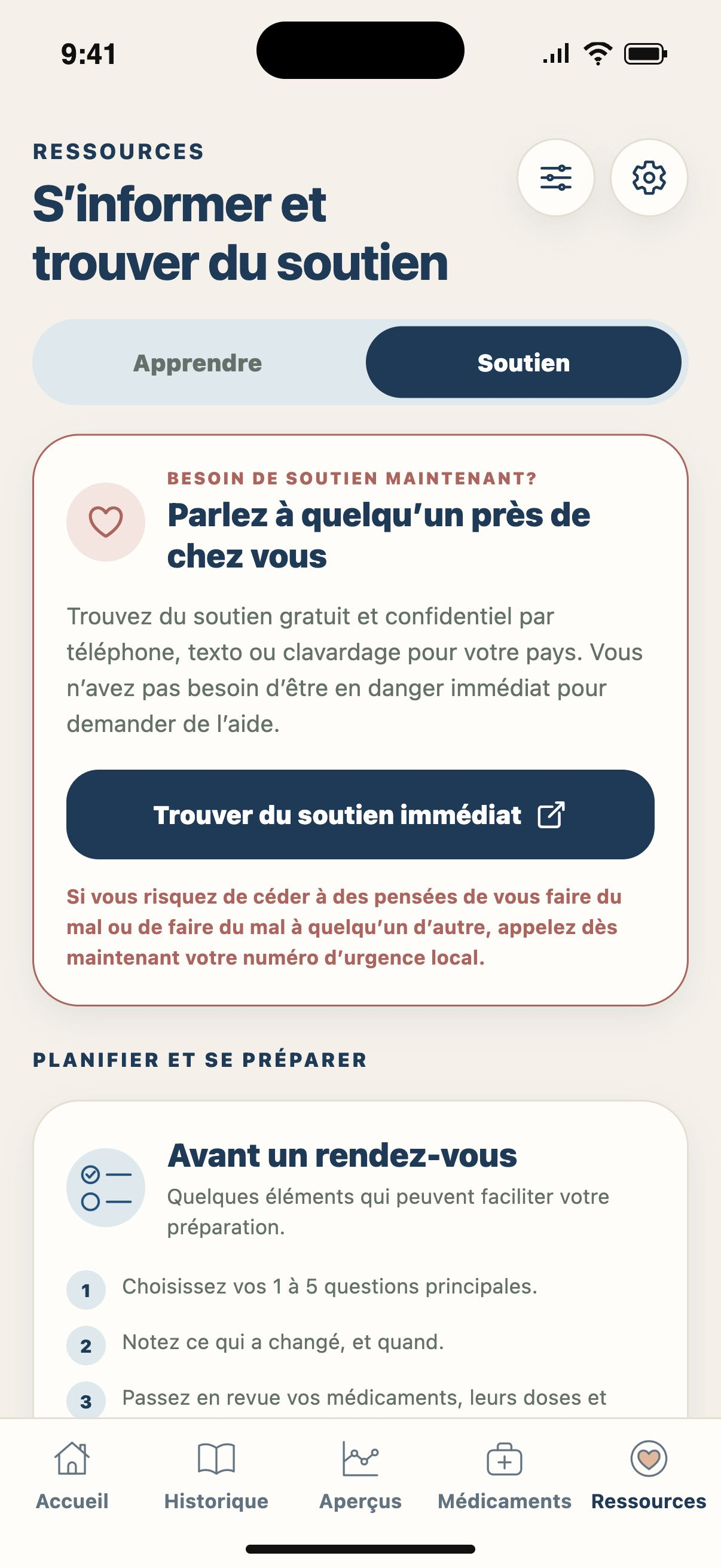 Trouver du soutien — Explorez des options de soutien et des outils pour préparer vos soins.