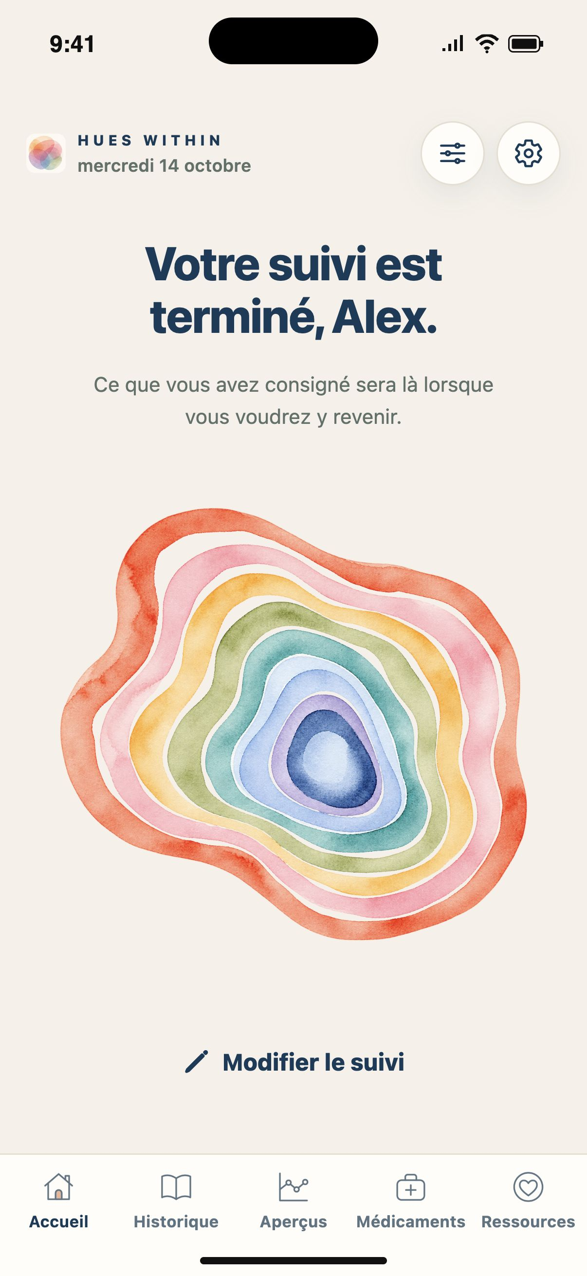 Accueil après un suivi terminé